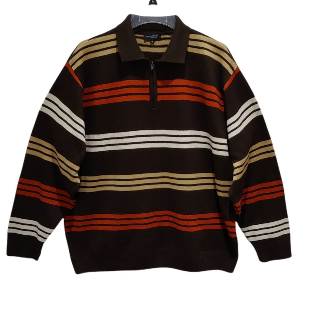 LCW CASUAL Mens Sweater Striped Size XL Brown Orange Tan Quarter Zip Pullover